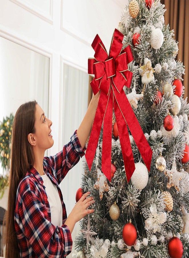 HIENAJ Large Christmas Bow for Wreath - Vintage Red Ribbon Tree Topper - Golden Edged Red Velvet Bows for Indoor Outdoor Xmas Party Decoration, Home Ornament Supplies - Image 5